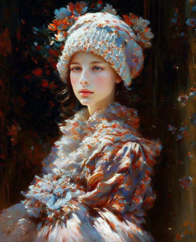 Portrait of young girl in white hat and coat with floral textures on dark background