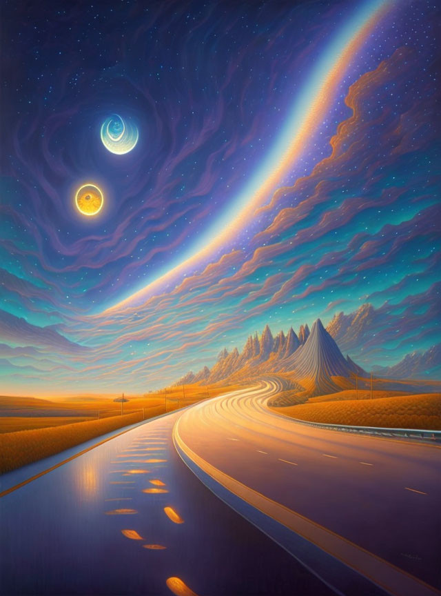 Surreal landscape with winding road, vibrant sky, crescent moon, swirling clouds, and colorful