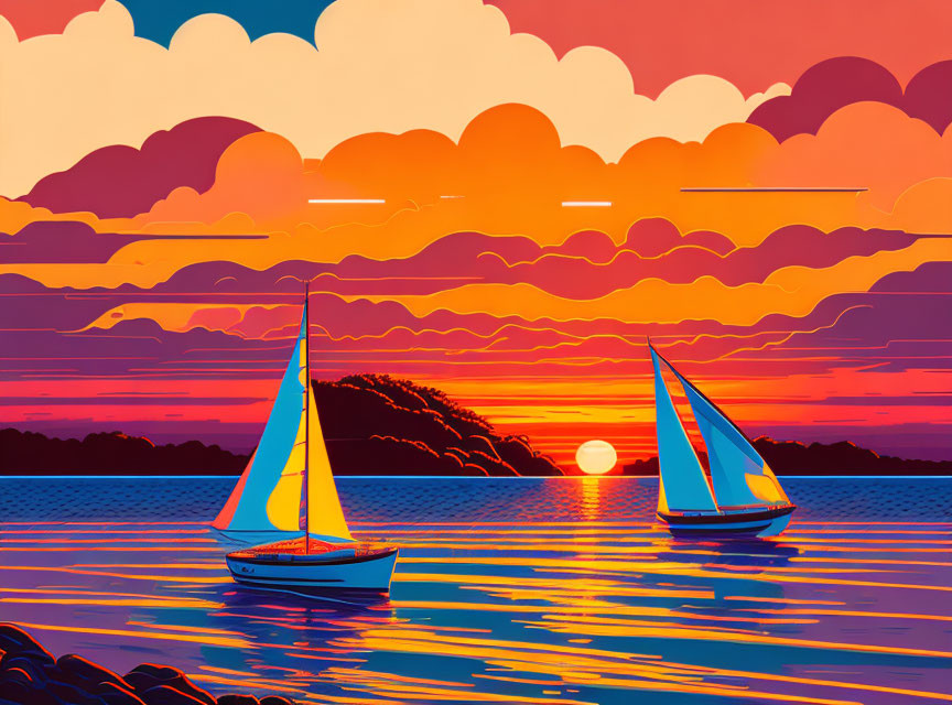 Colorful digital artwork: Sailboats at sunset on calm waters