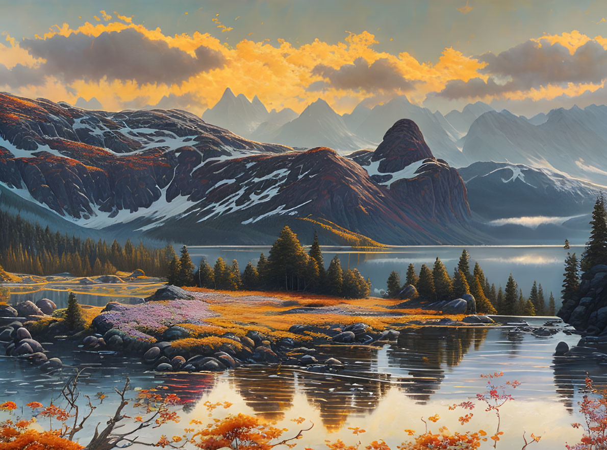 Snow-capped mountains, crystal lake, colorful flora under sunset-lit sky