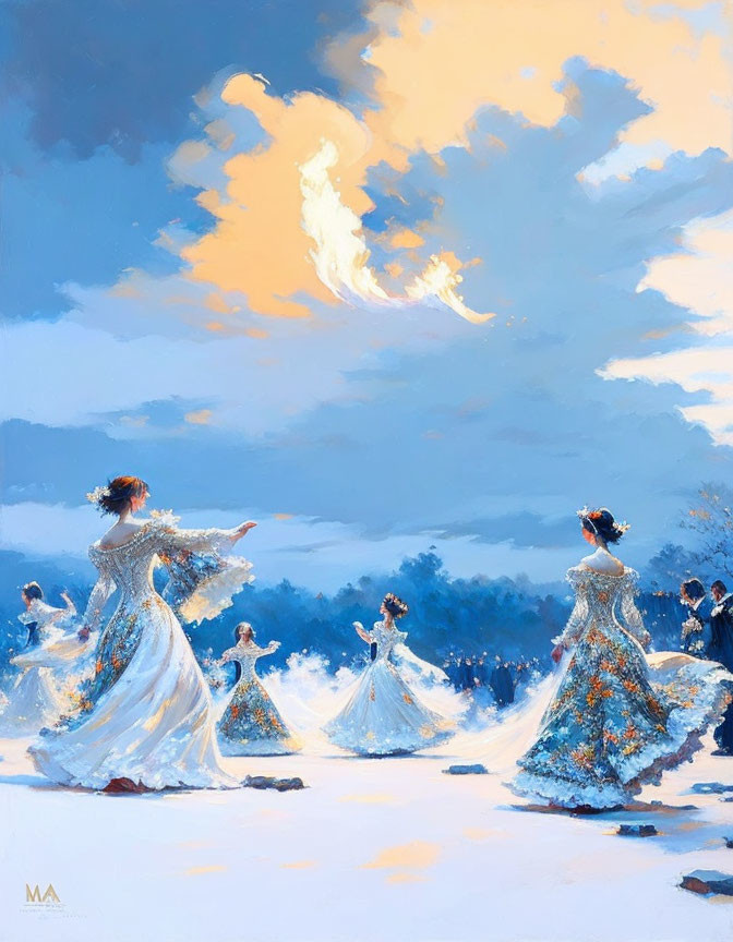 Women in White Dresses Dancing in Snowy Landscape Under Blue Sky