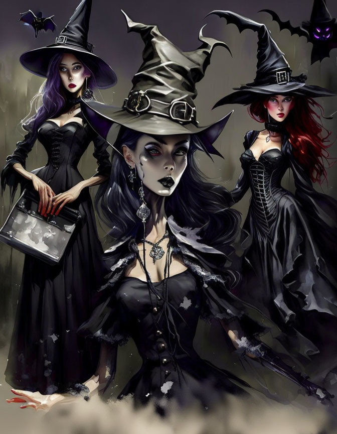 Stylized witch characters in dark fantasy setting with bats