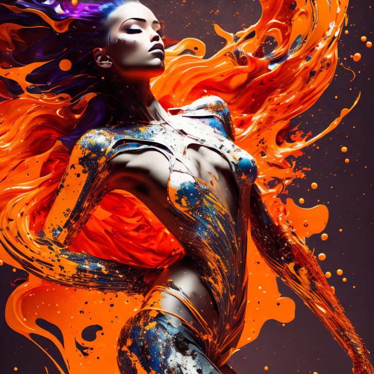 Vivid artwork: Woman with blue hair and body paint blending into orange and gold swirls.