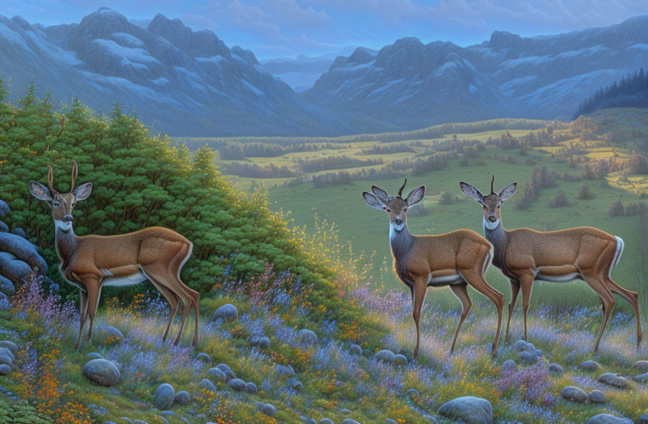 Vibrant mountain meadow scene with three deer at dawn or dusk