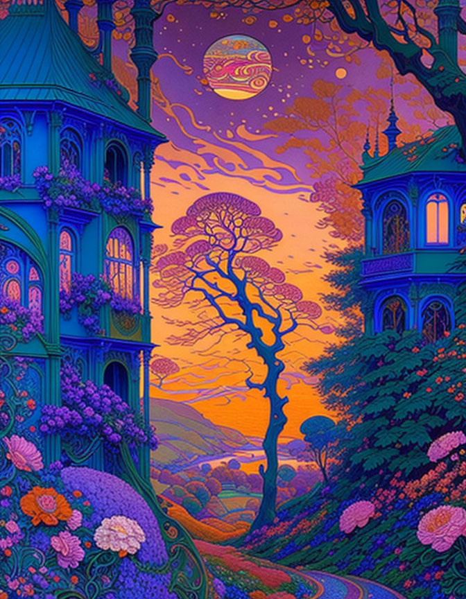 Fantasy Artwork: Elaborate Fairytale Buildings Against Twilight Sky