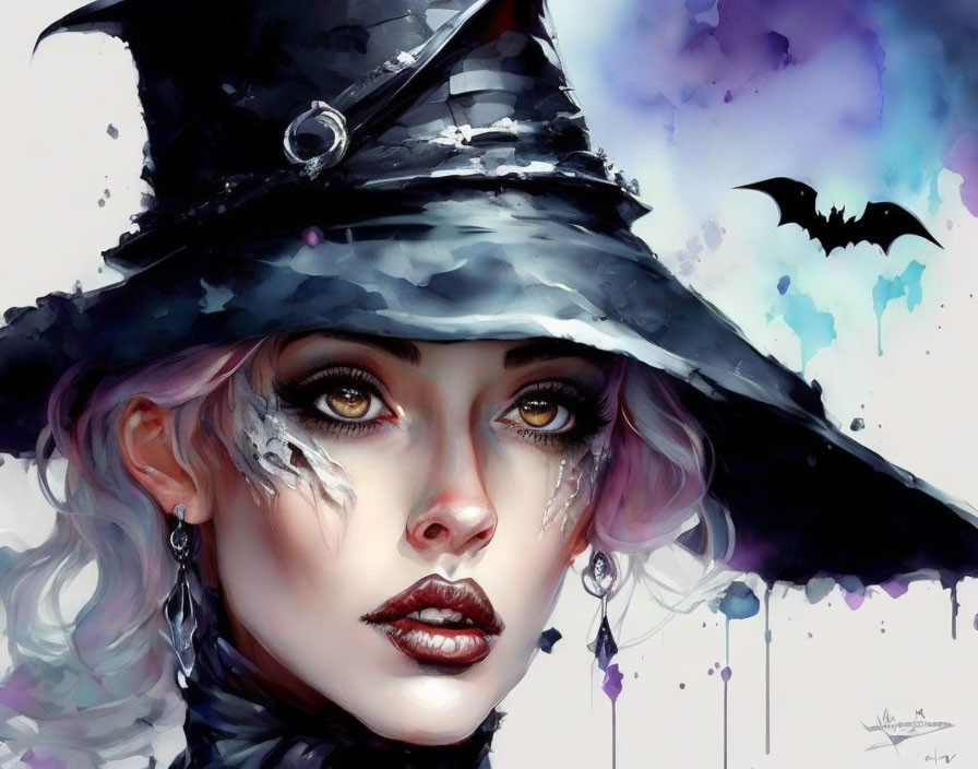 Digital painting: Woman in witch costume with black hat, white makeup, and bat.