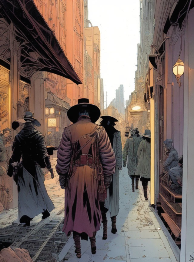 Illustration of bustling street with period-dressed figures, featuring a mysterious figure in wide-brimmed