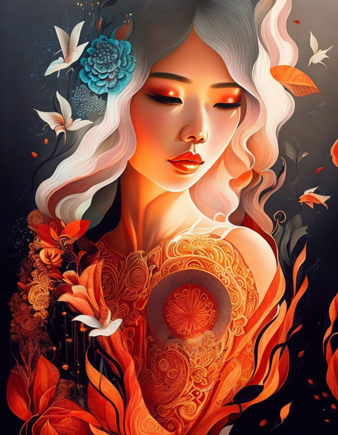 Illustrated portrait of woman with pale skin, silver hair, surrounded by red and orange flowers and shoulder