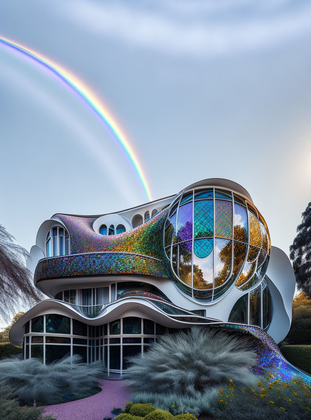 Futuristic building with fluid architecture and colorful, iridescent panels under double rainbow