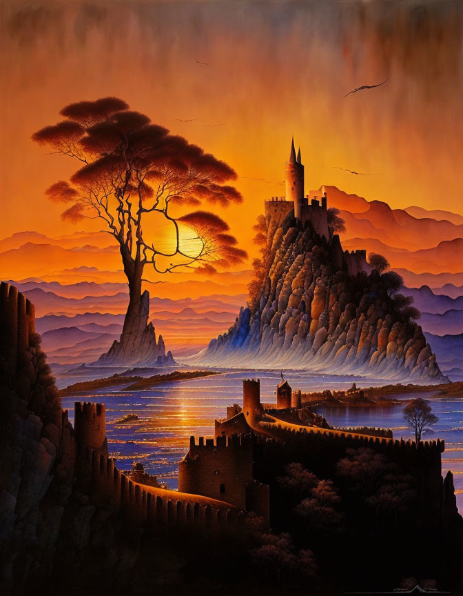 Mystical castle at sunset with fiery sky and lone tree