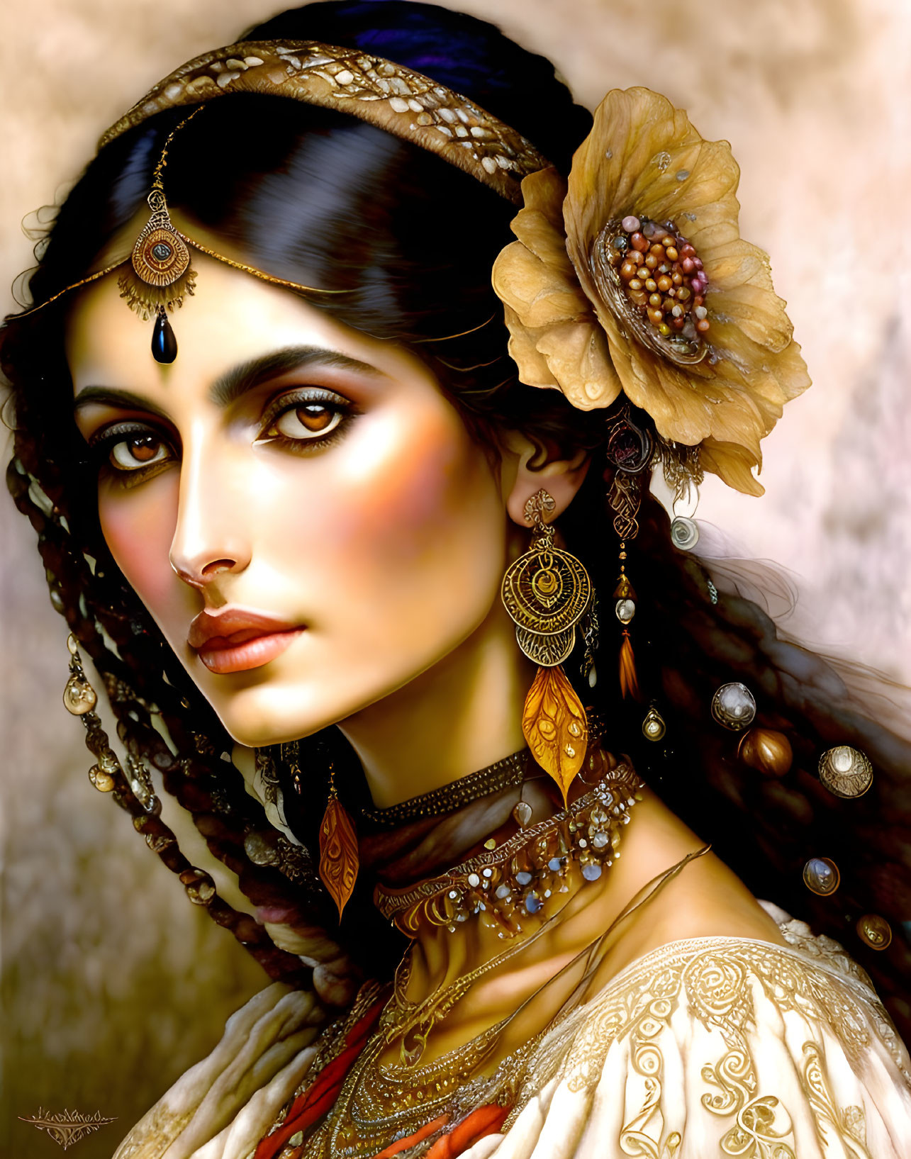 Detailed illustration of woman with dark hair, golden jewelry, flower, and ethnic makeup