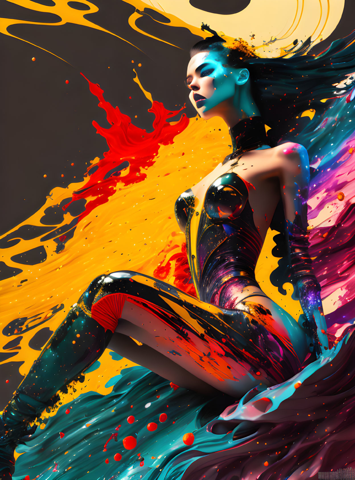 Vibrant digital artwork of futuristic woman in dynamic colorful splashes