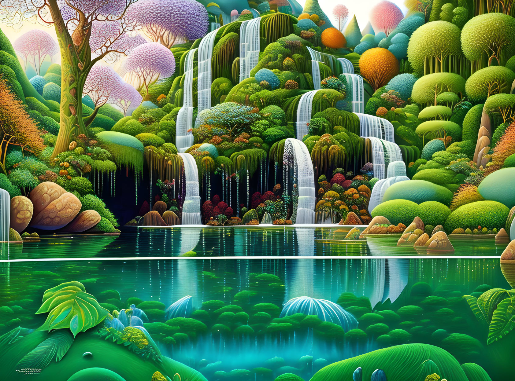 Fantasy landscape illustration with lush greenery and waterfalls