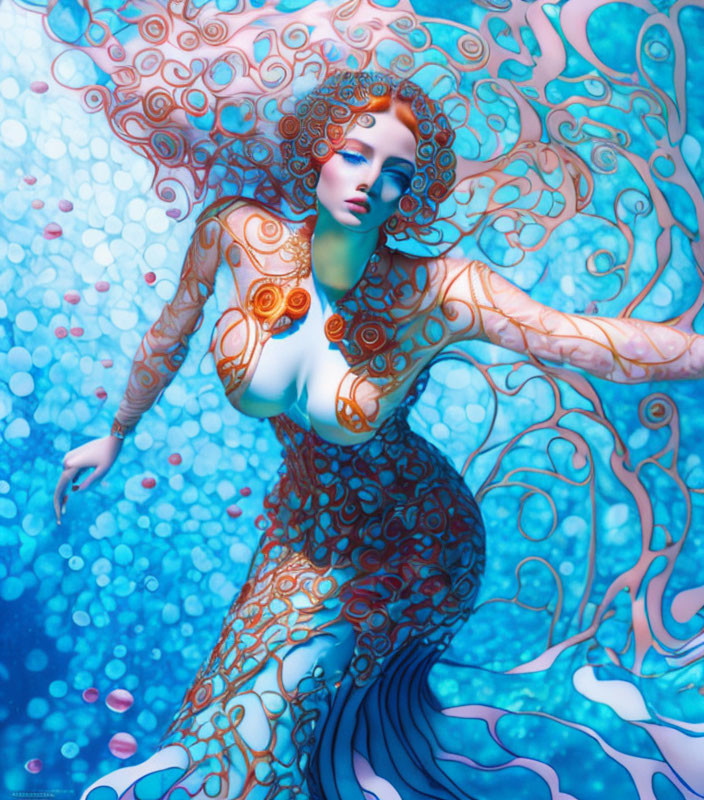 Ethereal underwater scene with female figure and coral-inspired outfit