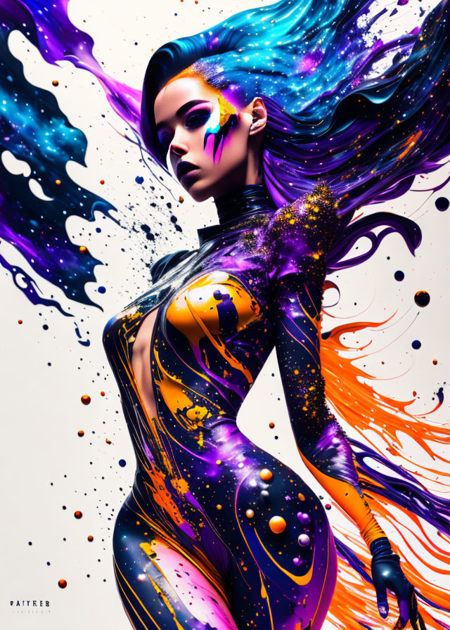 Vibrant cosmic digital artwork of a woman with flowing hair resembling a nebula