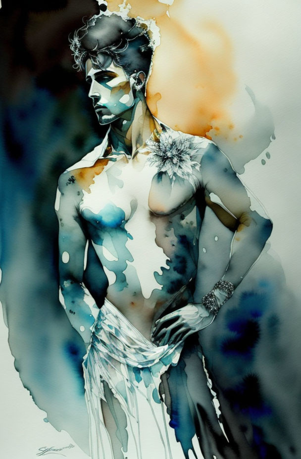 Male figure in abstract blue and brown watercolor painting