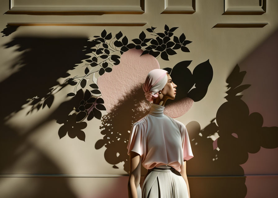 Woman in Pink Outfit with Headscarf Standing in Front of Wall with Leafy Branch Shadow