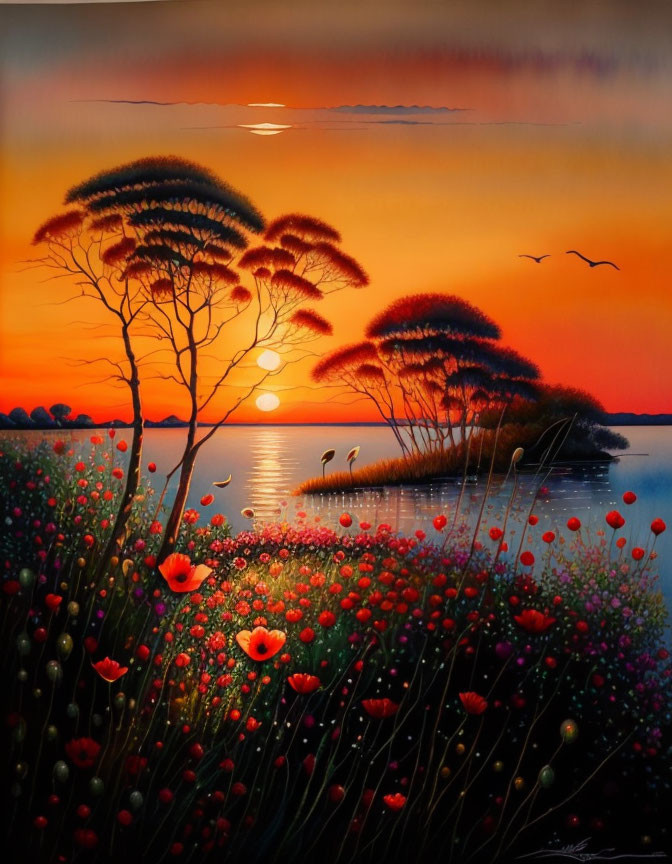 Colorful sunset painting: lake, trees, flowers, birds