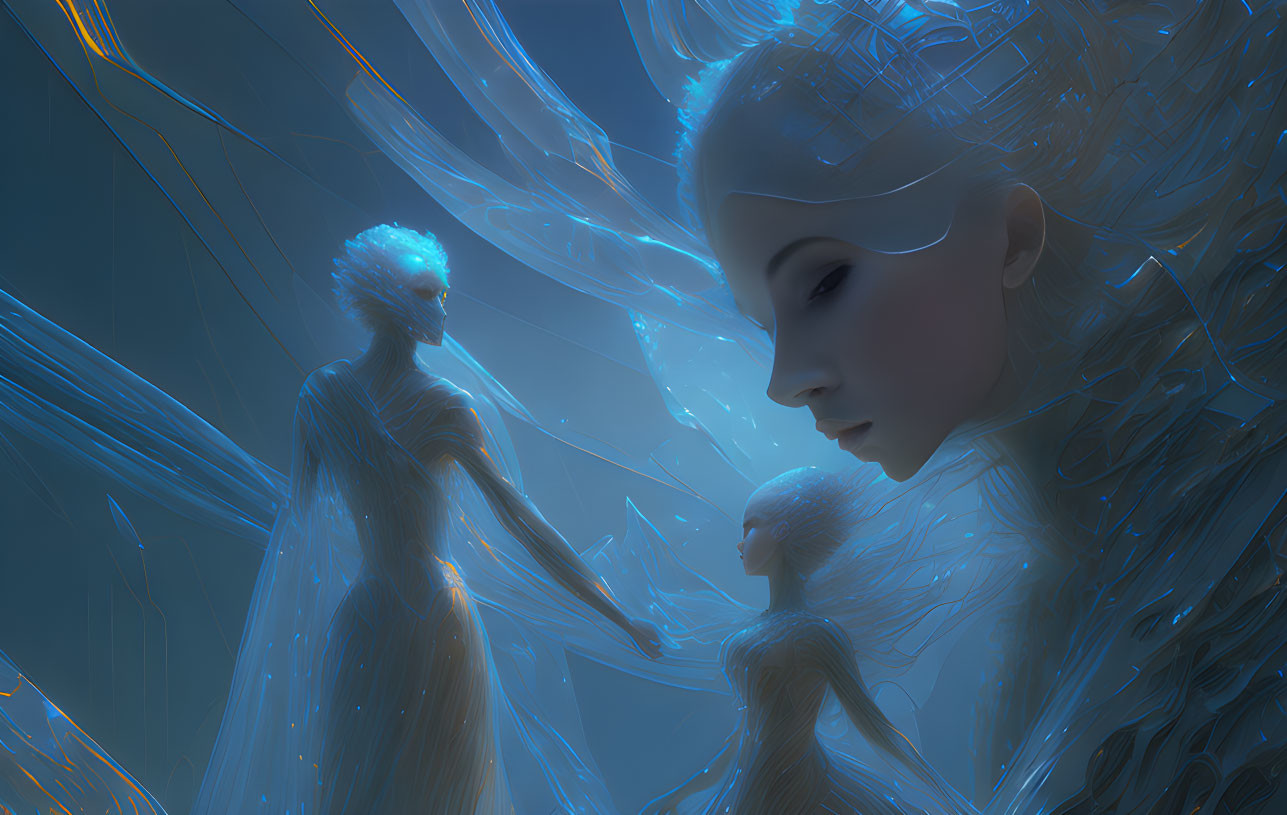 Futuristic image: Human-like figure with cybernetic enhancements and ethereal light beings