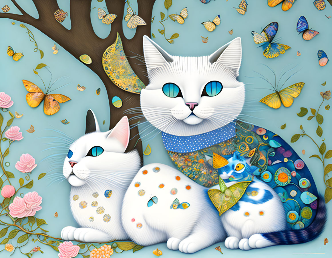 Whimsical animated cats with blue eyes, butterflies, and flowers on teal background