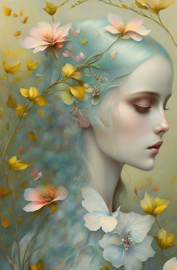 Pastel blue hair woman with flowers and butterflies in whimsical floral backdrop