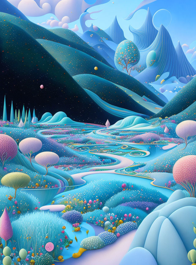 Fantasy landscape with rolling hills, rivers, whimsical trees under starry sky