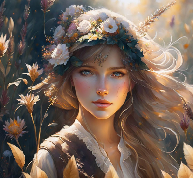 Digital art portrait of young woman with wavy hair and flower crown among golden wildflowers