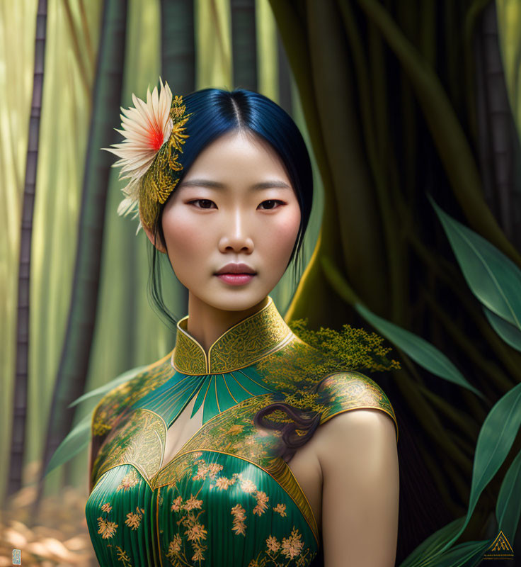 Serene woman in green and gold traditional outfit with floral patterns