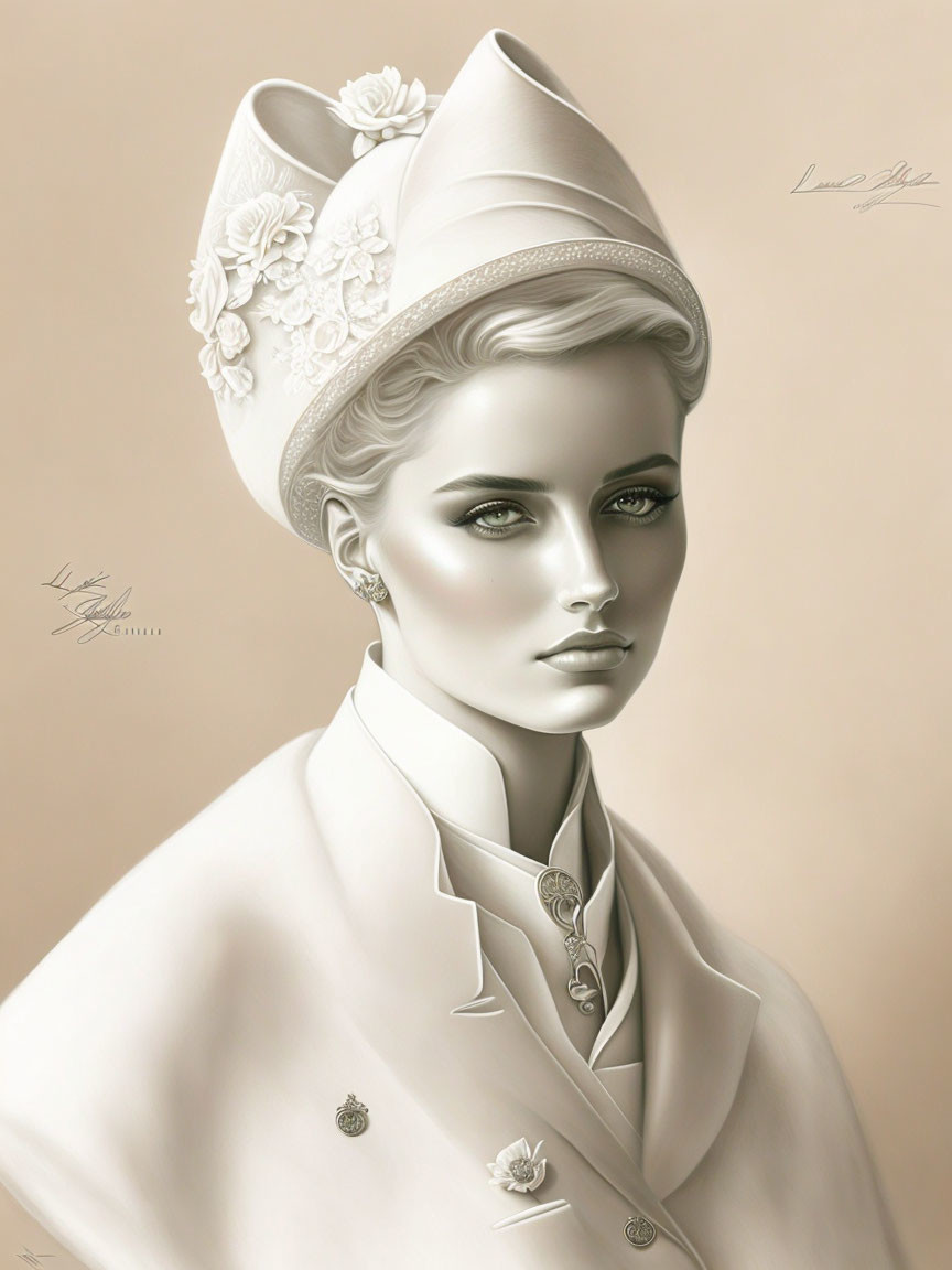 Monochrome illustration of a woman in stylish hat and coat with intricate detailing