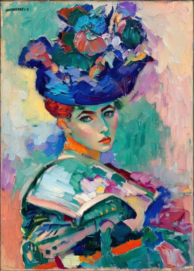 Vibrant impressionistic painting of woman in floral hat and patterned dress