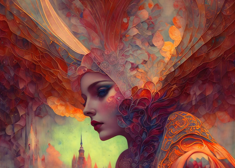 Colorful digital artwork of a woman with intricate autumn leaf headdress.