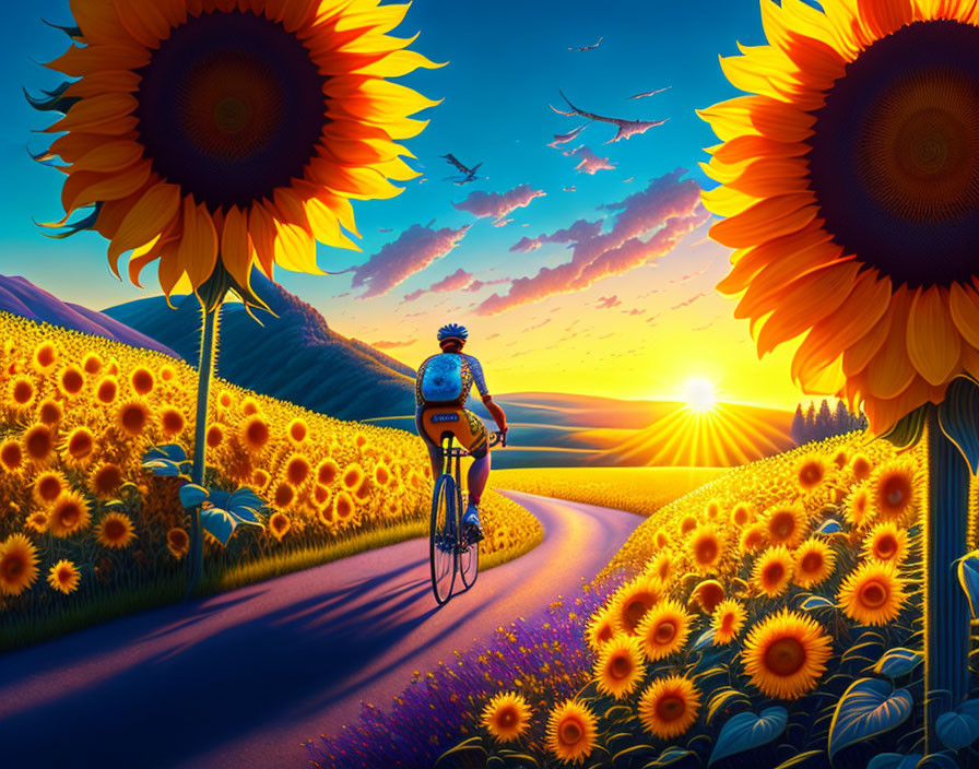 Cyclist in Blue Riding Among Giant Sunflowers at Sunset