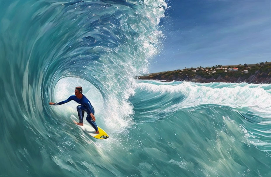 Surfer riding towering blue wave with coastal houses in background