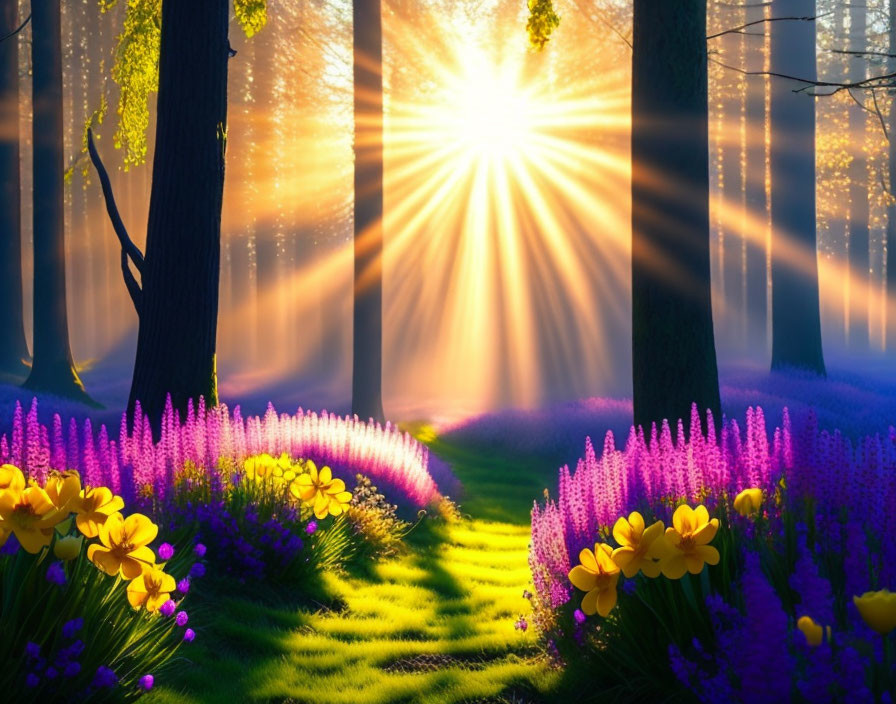 Forest scene with vibrant flowers under sunlight