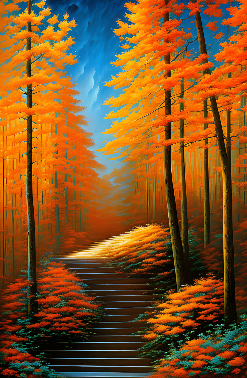 Vibrant digital art: Autumn forest path under deep blue sky