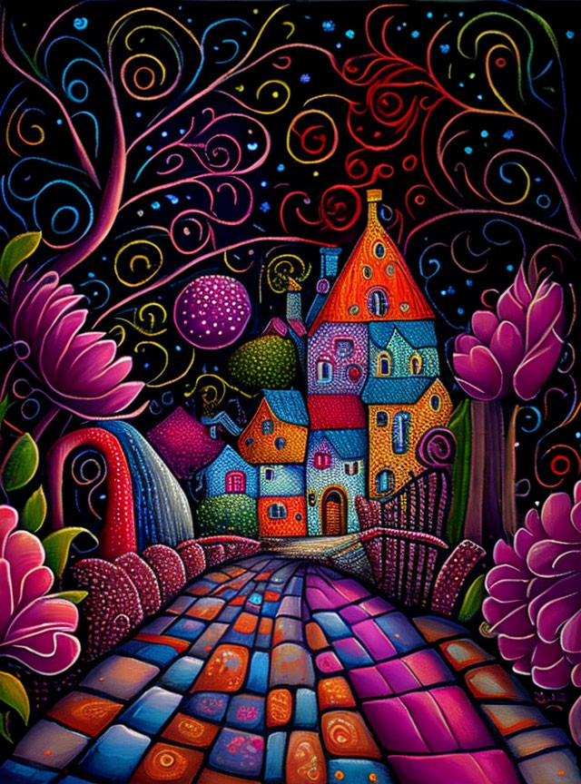 Colorful Stylized Cottage Painting with Swirling Trees and Starry Night Sky