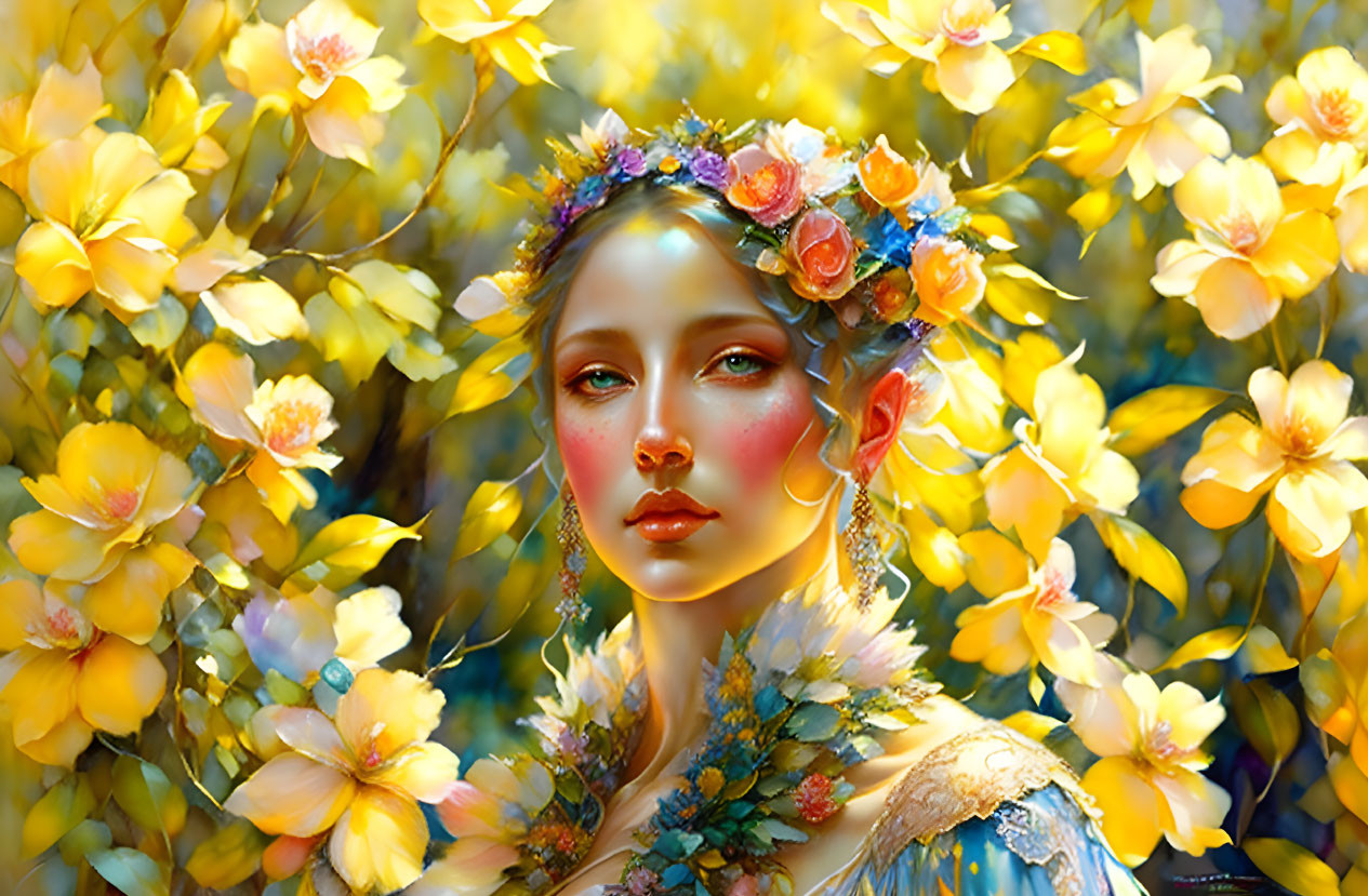 Woman with Floral Crown Surrounded by Yellow Blossoms