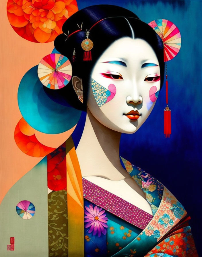 Vibrant illustration of a traditional Japanese geisha woman.