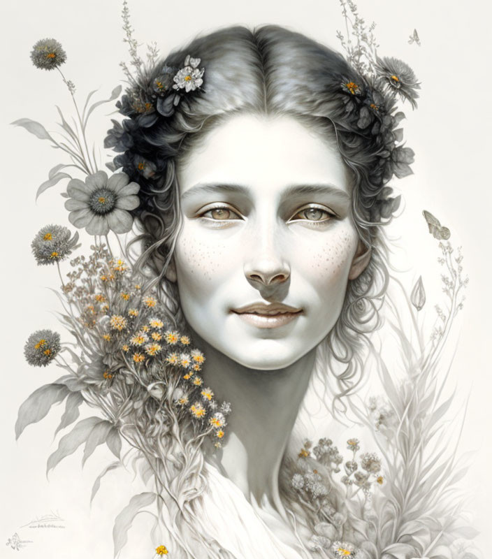 Illustrated portrait of a serene woman with floral hair and freckles