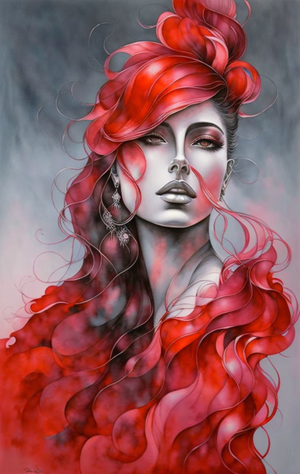 Stylized portrait of a woman with voluminous red hair and flowing waves on monochrome backdrop