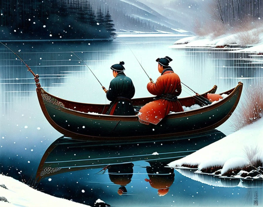 Winter scene: Two people fishing in a canoe on a snow-framed lake