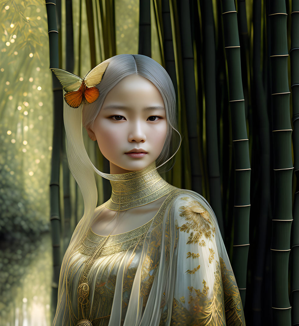 Ethereal woman with silver hair in gold-patterned robe among bamboo forest