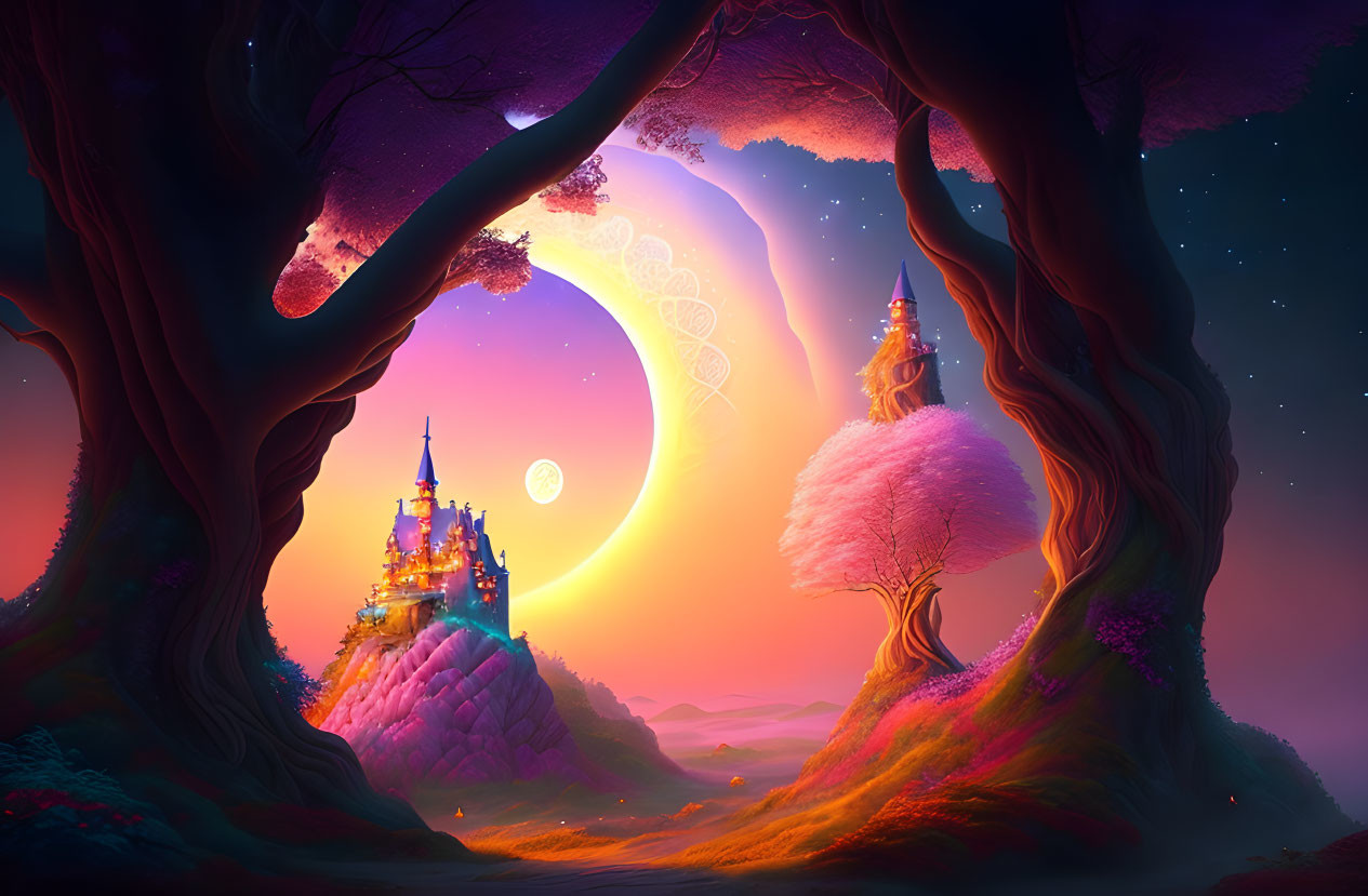 Majestic castle in glowing dusk fantasy landscape