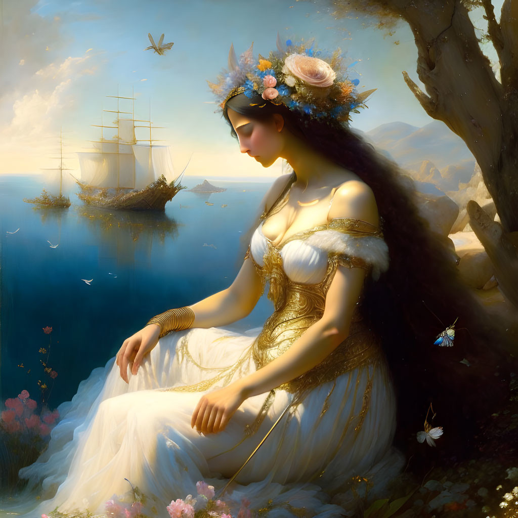 Woman in white dress by sea with ships and butterflies