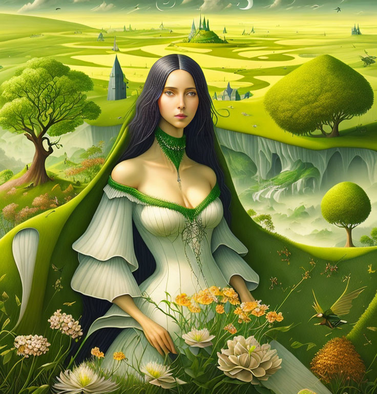 Fantastical illustration of woman in white dress in lush green landscape