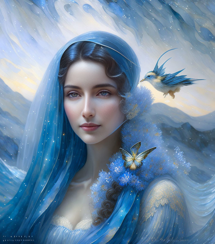 Surreal portrait of a woman in deep blue and white attire with fantastical bird and butterfly against