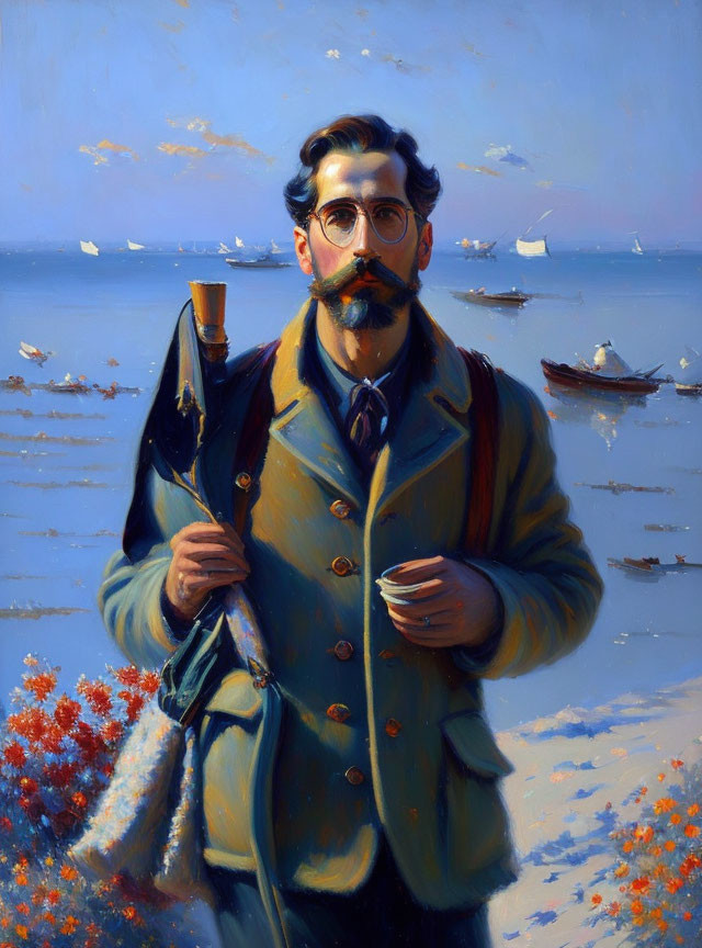 Vintage Attired Bearded Man with Telescope by the Sea