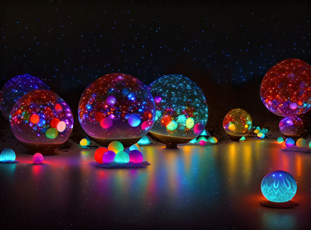 Multicolored Glowing Orbs on Reflective Surface Against Starry Background