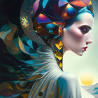 Digital artwork of woman with celestial elements and bird feather-themed helmet in blue and gold tones