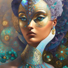 Surreal collage featuring woman's face, vibrant makeup, geometric shapes, and figure in blue cloak